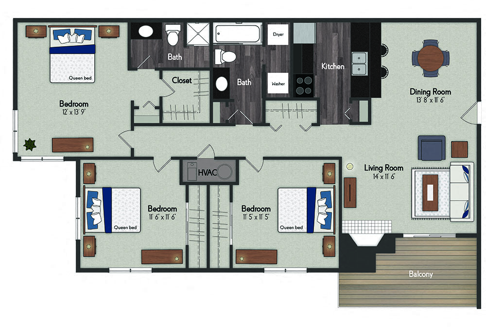 Floor plan for 3 beds, 2 baths, 1130 sqft